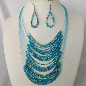 3 Piece Multi-Layer Rice Bead Necklace & Earring Set